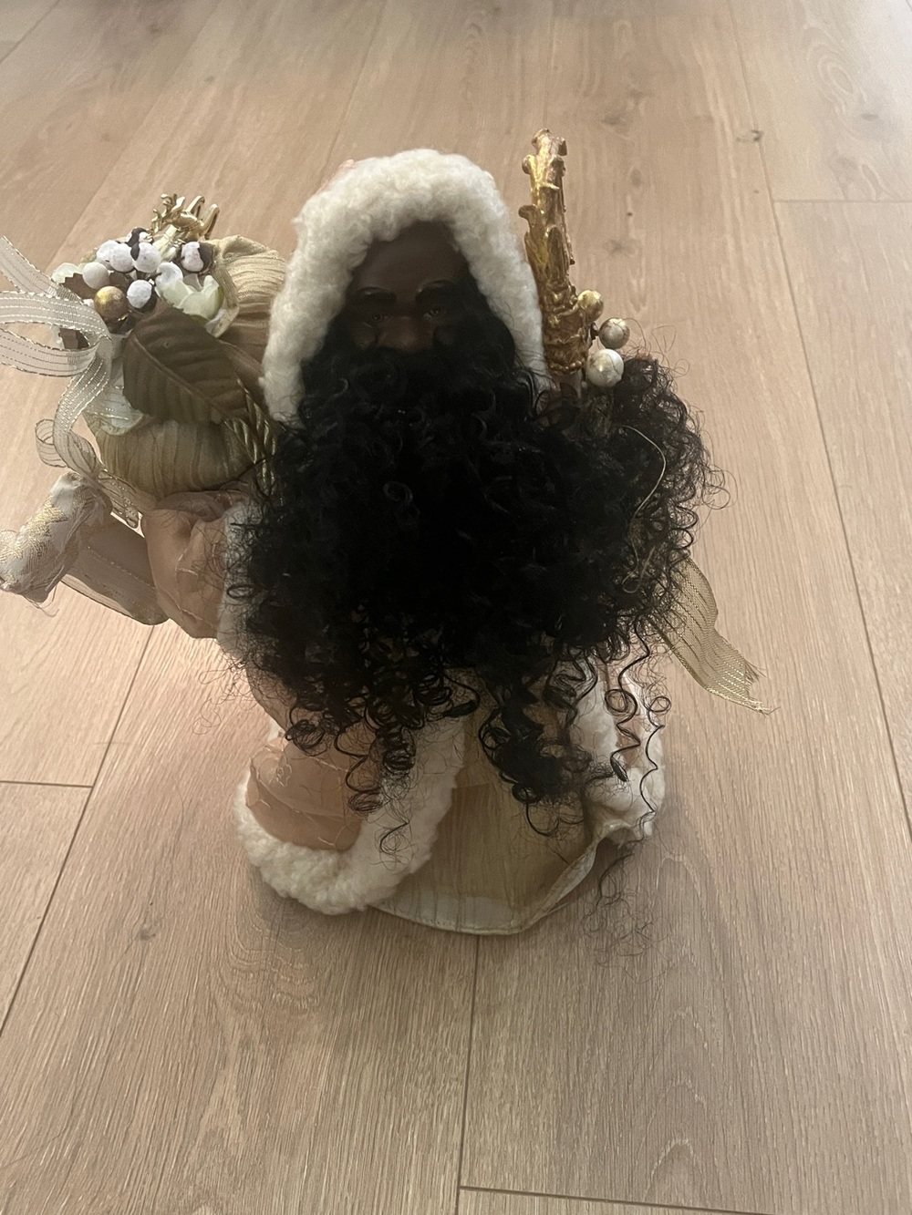 Black Santa Christmas Tree Topper Gold & Ivory Fur Trim Holiday Decor
